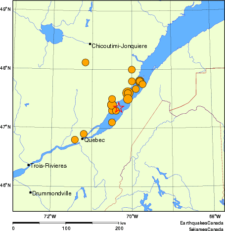 carte des séismes historiques de magnitude 5,0 et plus.  Détails dans le tableau de données ci-dessous