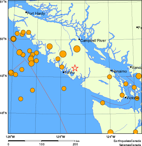 Map of historical earthquakes magnitude 5.0 and larger.  Details in the data table below