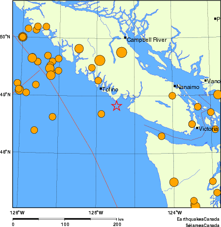 Map of historical earthquakes magnitude 5.0 and larger.  Details in the data table below