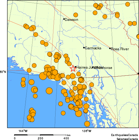 carte des séismes historiques de magnitude 5,0 et plus.  Détails dans le tableau de données ci-dessous