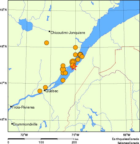 carte des séismes historiques de magnitude 5,0 et plus.  Détails dans le tableau de données ci-dessous