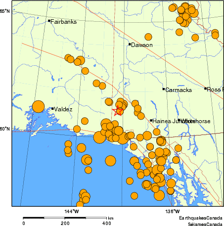 Map of historical earthquakes magnitude 5.0 and larger.  Details in the data table below