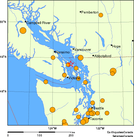 Map of historical earthquakes magnitude 5.0 and larger.  Details in the data table below