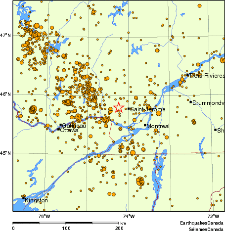 carte des des séismes de magnitude 2,0 et plus depuis 2000