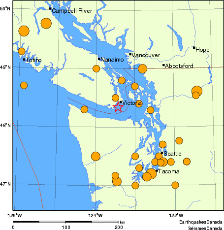 Map of historical earthquakes magnitude 5.0 and larger.  Details in the data table below