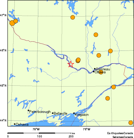 Map of historical earthquakes magnitude 5.0 and larger.  Details in the data table below