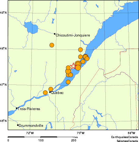 carte des séismes historiques de magnitude 5,0 et plus.  Détails dans le tableau de données ci-dessous