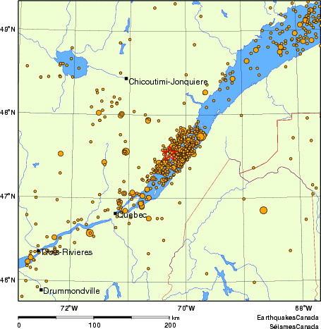 carte des des séismes de magnitude 2,0 et plus depuis 2000