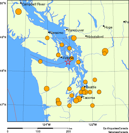 Map of historical earthquakes magnitude 5.0 and larger.  Details in the data table below