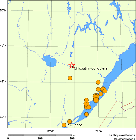 carte des séismes historiques de magnitude 5,0 et plus.  Détails dans le tableau de données ci-dessous