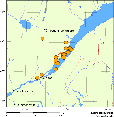 Map of historical earthquakes magnitude 5.0 and larger.  Details in the data table below