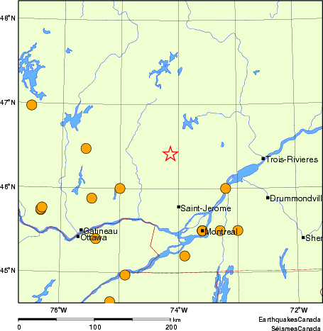 Map of historical earthquakes magnitude 5.0 and larger.  Details in the data table below