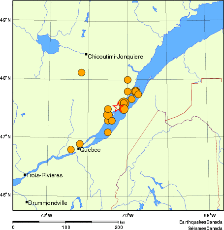 carte des séismes historiques de magnitude 5,0 et plus.  Détails dans le tableau de données ci-dessous