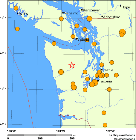 Map of historical earthquakes magnitude 5.0 and larger.  Details in the data table below