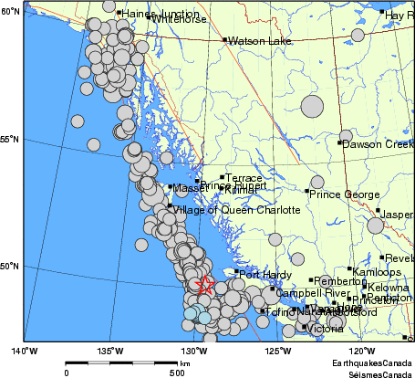 carte des séismes historiques de magnitude 5,0 et plus.  Détails dans le tableau de données ci-dessous