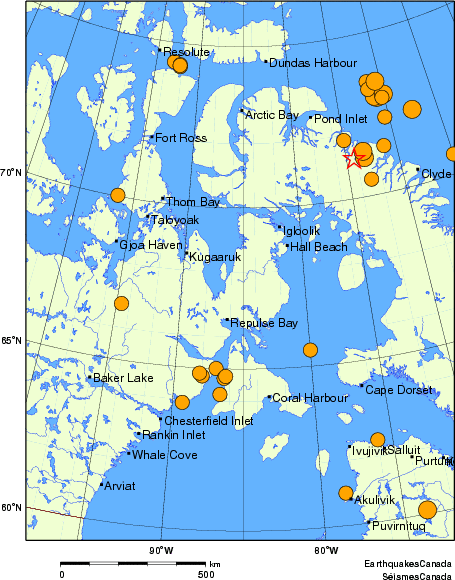 carte des séismes historiques de magnitude 5,0 et plus.  Détails dans le tableau de données ci-dessous