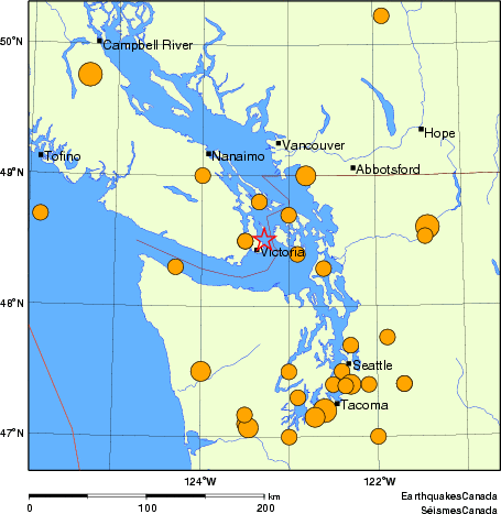 Map of historical earthquakes magnitude 5.0 and larger.  Details in the data table below