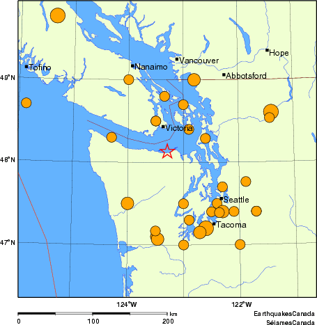 Map of historical earthquakes magnitude 5.0 and larger.  Details in the data table below