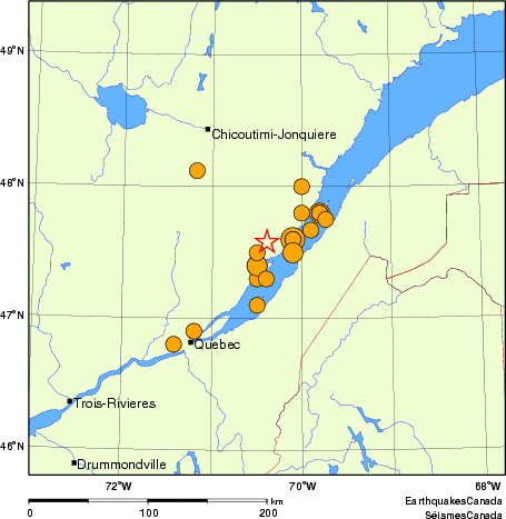 carte des séismes historiques de magnitude 5,0 et plus.  Détails dans le tableau de données ci-dessous