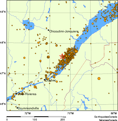 carte des des séismes de magnitude 2,0 et plus depuis 2000