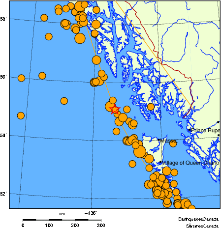 Map of historical earthquakes magnitude 5.0 and larger.  Details in the data table below