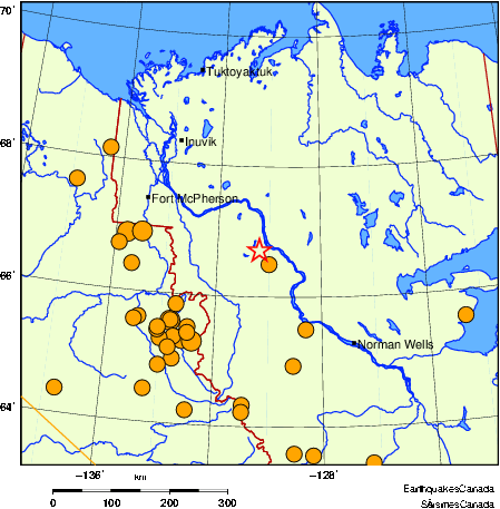 Map of historical earthquakes magnitude 5.0 and larger.  Details in the data table below