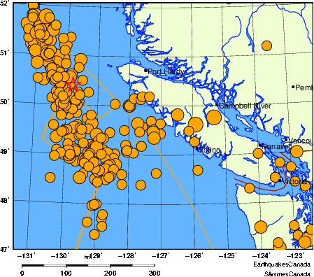 Map of historical earthquakes magnitude 5.0 and larger.  Details in the data table below