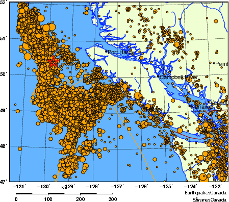 carte des des séismes de magnitude 2,0 et plus depuis 2000