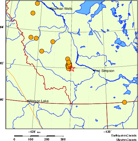 Map of historical earthquakes magnitude 5.0 and larger.  Details in the data table below