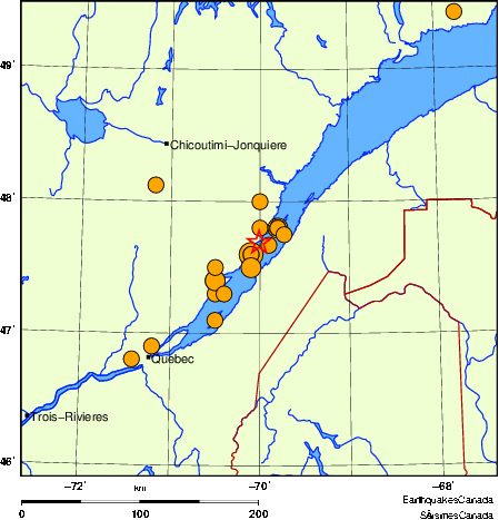 carte des séismes historiques de magnitude 5,0 et plus.  Détails dans le tableau de données ci-dessous