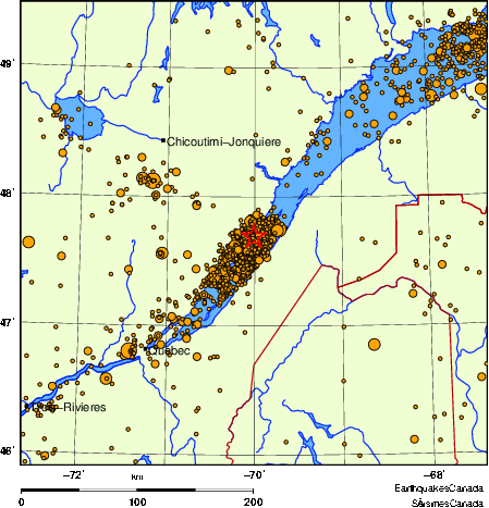 carte des des séismes de magnitude 2,0 et plus depuis 2000