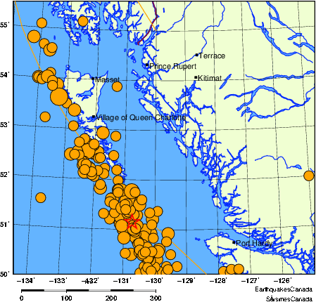 Map of historical earthquakes magnitude 5.0 and larger.  Details in the data table below