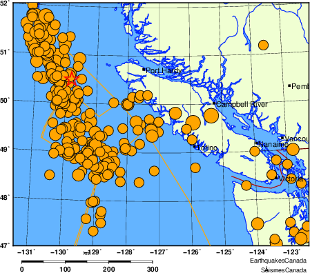 carte des séismes historiques de magnitude 5,0 et plus.  Détails dans le tableau de données ci-dessous