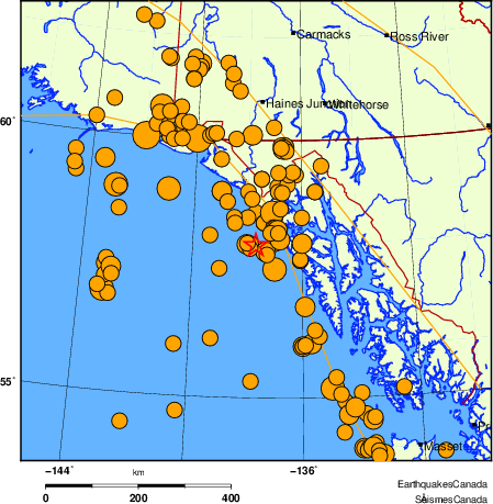 Map of historical earthquakes magnitude 5.0 and larger.  Details in the data table below