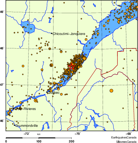 carte des des séismes de magnitude 2,0 et plus depuis 2000