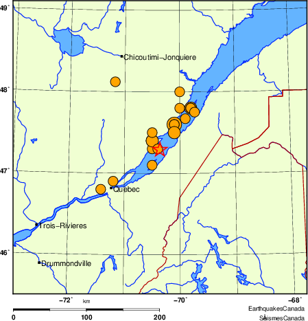 Map of historical earthquakes magnitude 5.0 and larger.  Details in the data table below