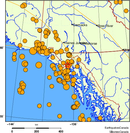 Map of historical earthquakes magnitude 5.0 and larger.  Details in the data table below