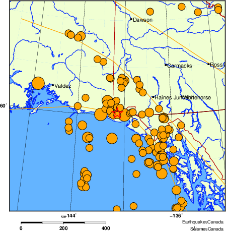 Map of historical earthquakes magnitude 5.0 and larger.  Details in the data table below