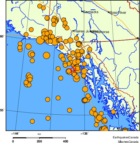 Map of historical earthquakes magnitude 5.0 and larger.  Details in the data table below