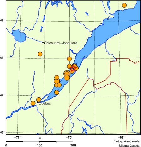 carte des séismes historiques de magnitude 5,0 et plus.  Détails dans le tableau de données ci-dessous