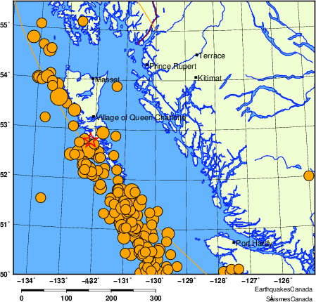 Map of historical earthquakes magnitude 5.0 and larger.  Details in the data table below