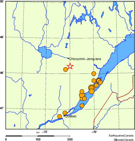 Map of historical earthquakes magnitude 5.0 and larger.  Details in the data table below