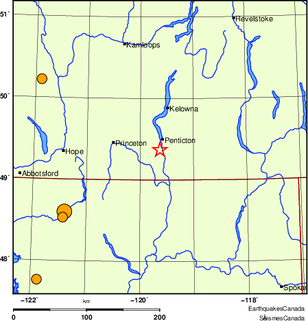 Map of historical earthquakes magnitude 5.0 and larger.  Details in the data table below