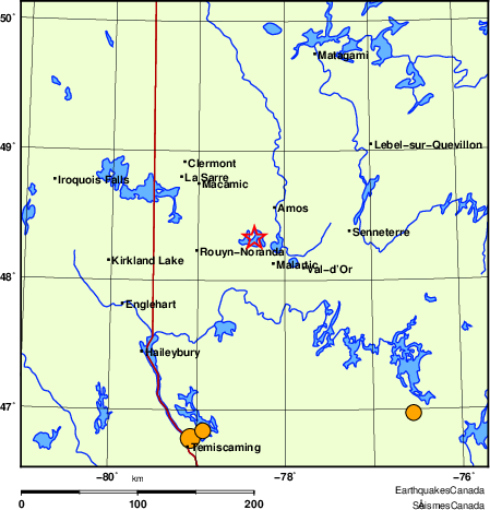 Map of historical earthquakes magnitude 5.0 and larger.  Details in the data table below