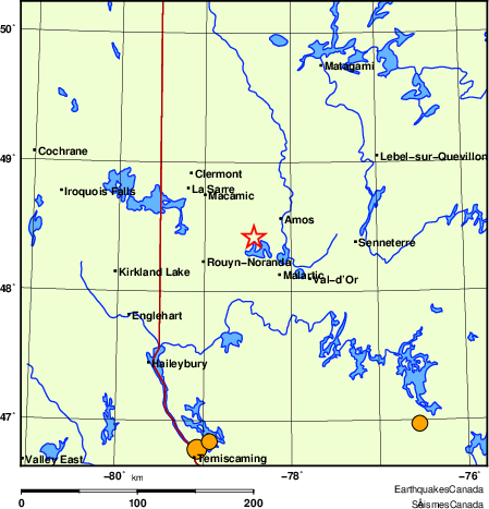 Map of historical earthquakes magnitude 5.0 and larger.  Details in the data table below