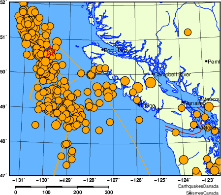 Map of historical earthquakes magnitude 5.0 and larger.  Details in the data table below