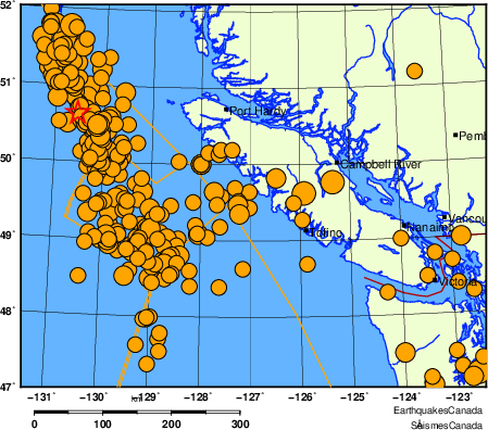 carte des séismes historiques de magnitude 5,0 et plus.  Détails dans le tableau de données ci-dessous