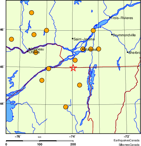 carte des séismes historiques de magnitude 5,0 et plus.  Détails dans le tableau de données ci-dessous