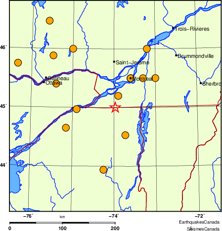 carte des séismes historiques de magnitude 5,0 et plus.  Détails dans le tableau de données ci-dessous