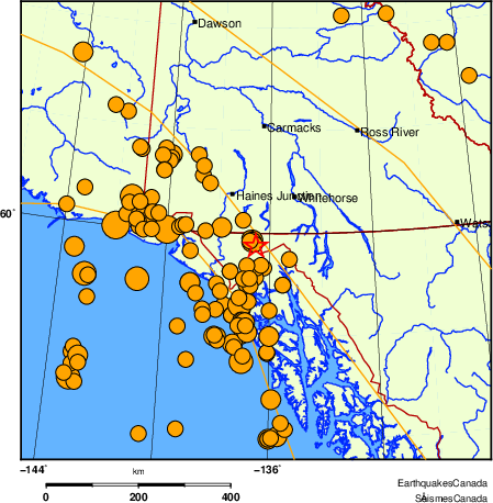 carte des séismes historiques de magnitude 5,0 et plus.  Détails dans le tableau de données ci-dessous